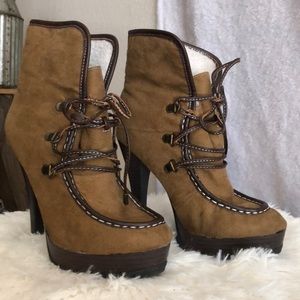 Tan booties with leather laces